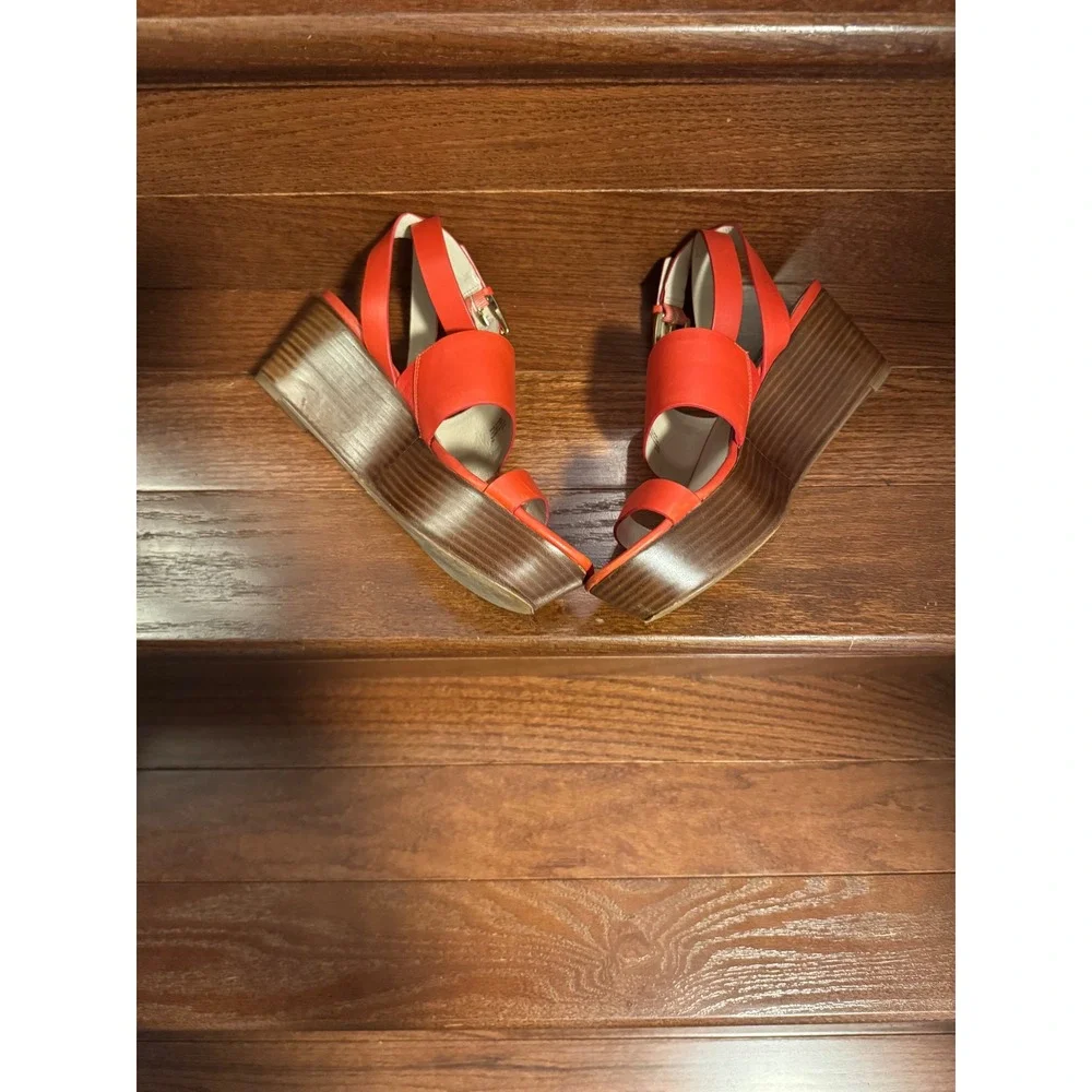 Michael Kors Women's Posey Orange Red Leather Platform Wedge Sandals Sz 8